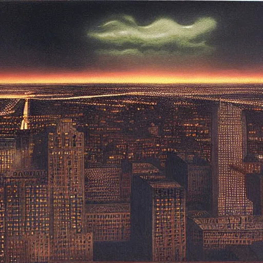 Prompt: photorealistc full - color painting of a nightmarish boston downtown skyline in 1 9 2 5 at night with a horrifying sky, aerial view, dark, brooding, night, atmospheric, horror, cosmic, ultra - realistic, smooth, highly detailed by dave dorman