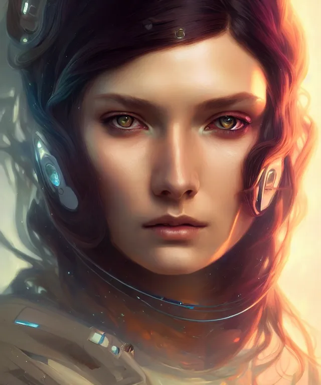 Image similar to futuristic young woman portrait, sci-fi, amber eyes, face, long hair, fantasy, intricate, elegant, highly detailed, digital painting, artstation, concept art, smooth, sharp focus, illustration, art by artgerm and greg rutkowski and alphonse mucha