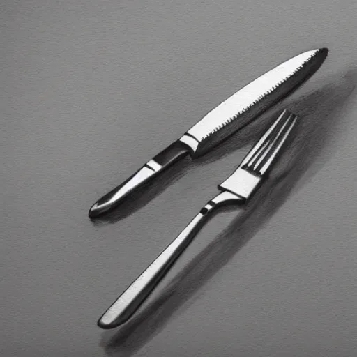 Prompt: detailed sketch, a prototype concept design of a knife and fork, commercial tv add, blade runner style,