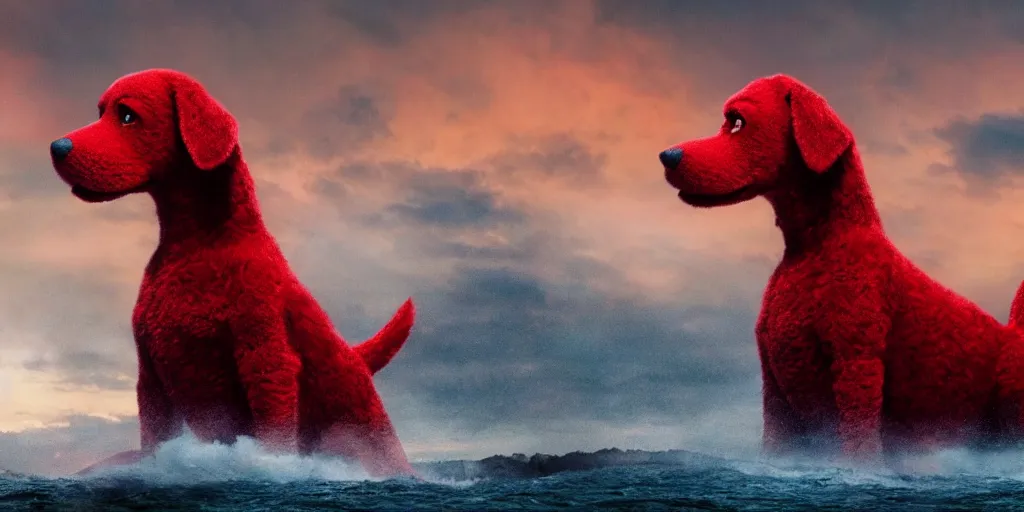 Prompt: film still of clifford the big red dog in the new godzilla movie