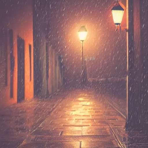 Image similar to a cute orange tabby cat on a sidewalk, it is night and raining, street lamps are illuminating the street, moody lighting, peaceful atmosphere, digital art, highly detailed, high contrast, beautiful lighting, award winning, trending on art station, 8 k,