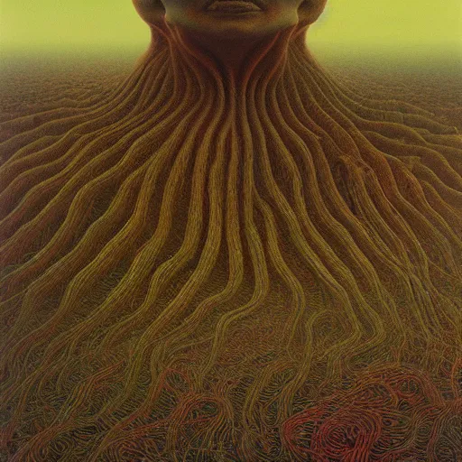 Image similar to New detailed artwork by Zdzisław Beksiński in the year 2022, oil on canvas