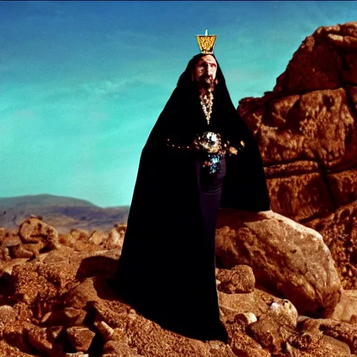 Image similar to salvador dali wearing a black costume with jewels and golden crown, in a dry rocky desert landscape, visible sky and sunny atmosphere, fata morgana film still from the movie by alejandro jodorowsky with cinematogrophy of christopher doyle and art direction by hans giger, anamorphic lens, kodakchrome, very detailed photo, 8 k