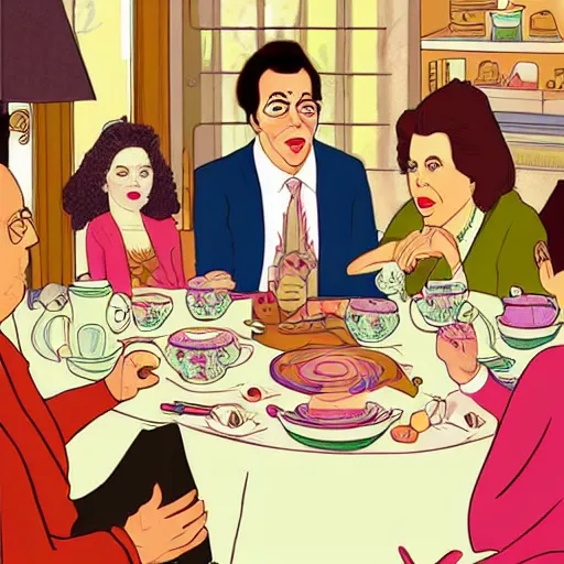 Prompt: seinfeld fancy tea party, digital art, illustration, highly detailed, warm color scheme, soft lighting, sharp focus