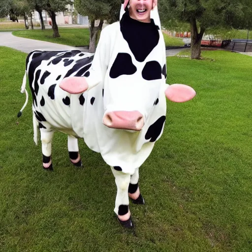 Prompt: a cow costume, outdoors, craigslist photo