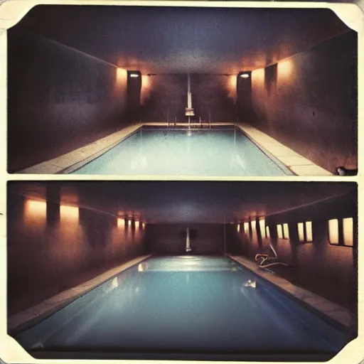 Image similar to underground hotel pool, surreal, polaroid, limimal,