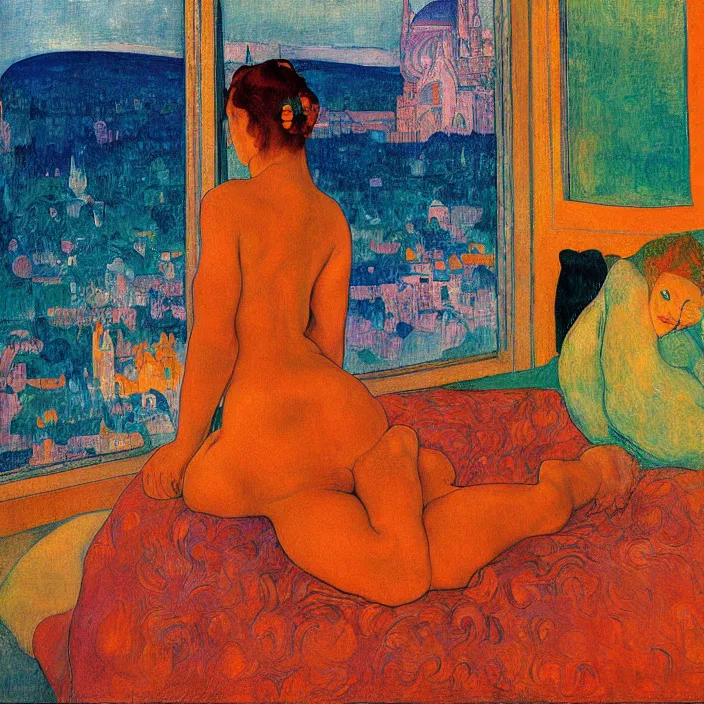 Image similar to close portrait of woman sitting on the bed with orange cat and aloe vera, with city with gothic cathedral seen from a window frame with curtains. sun setting through the clouds, vivid iridescent psychedelic colors. gauguin, agnes pelton, egon schiele, henri de toulouse - lautrec, utamaro, monet