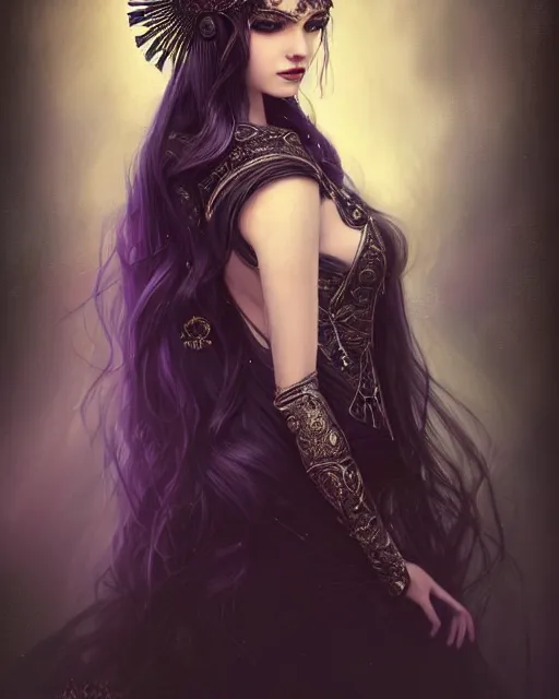 Image similar to a beautiful image of a young woman, Liliana vess the last hope, long flowing black hair, ornate headdress, Victorian purple and black costume, young female face, cinematic top lighting, insanely detailed and intricate, face by wlop, Charlie Bowater, golden ratio, symmetric, elegant, ornate, luxury, elite, matte painting, cinematic, trending on artstation, deviantart and cgsociety, 8k, high resolution