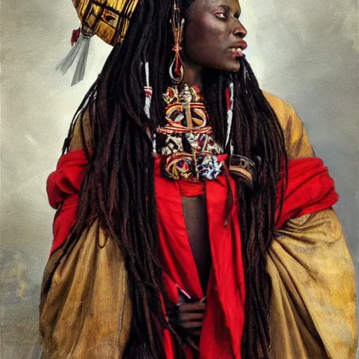 Prompt: long-haired african priestess wearing a small red fez with an occult symbol on it, portrait, powerful, magic, highly detailed, Ruan Jia and Mandy Jurgens and Artgerm