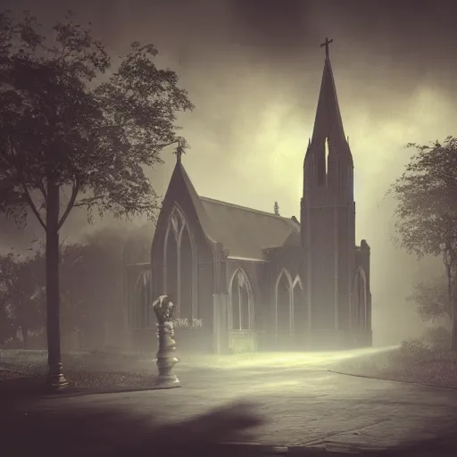 Image similar to victorian church in the middle of the city, dark, misty, at night, 8 k, detailed, concept art, trending on artstation