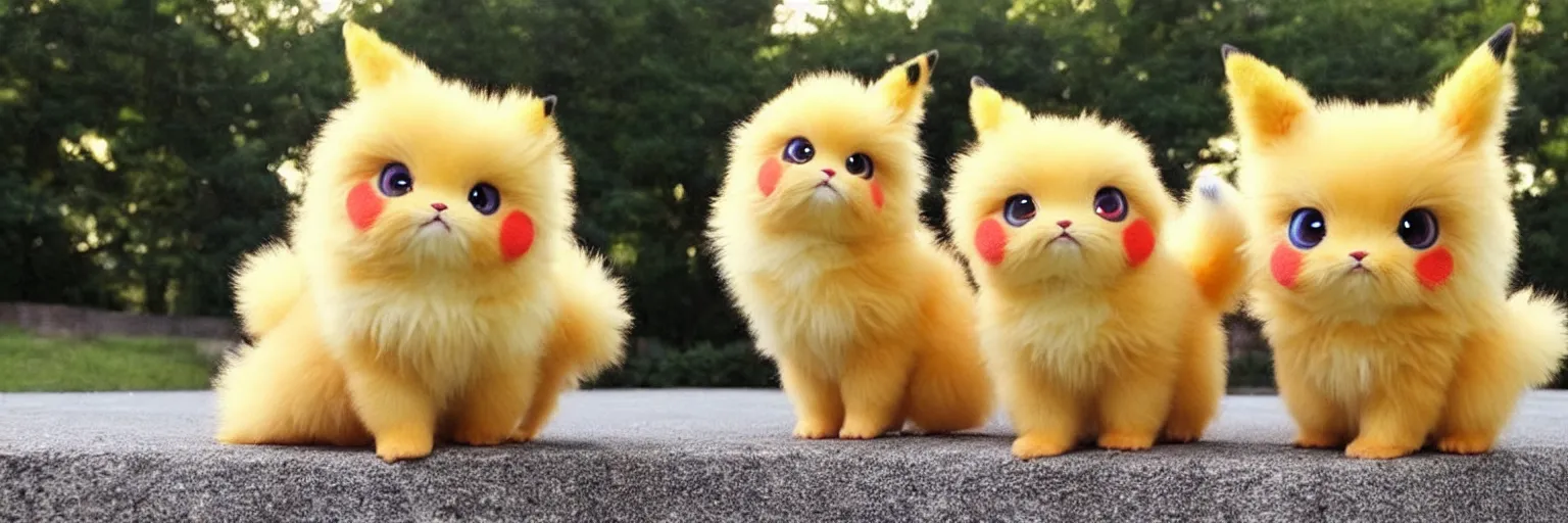 Image similar to real life pokemons, cute!!!, content!!!, mischievous!!!, adorable!!!, little furballs, fluffy!!!, ultra realistic!!!, golden hour, sharp focus