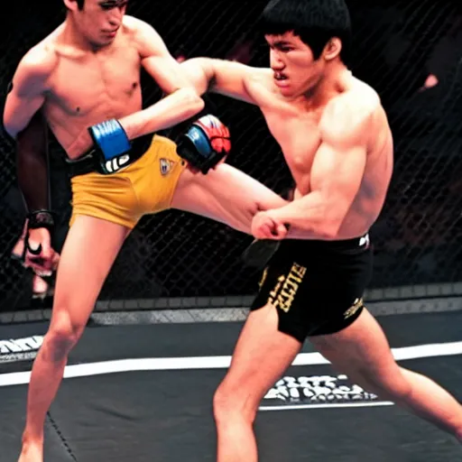 Image similar to Bruce Lee fights against Khabib Nurmagomedov in the UFC,