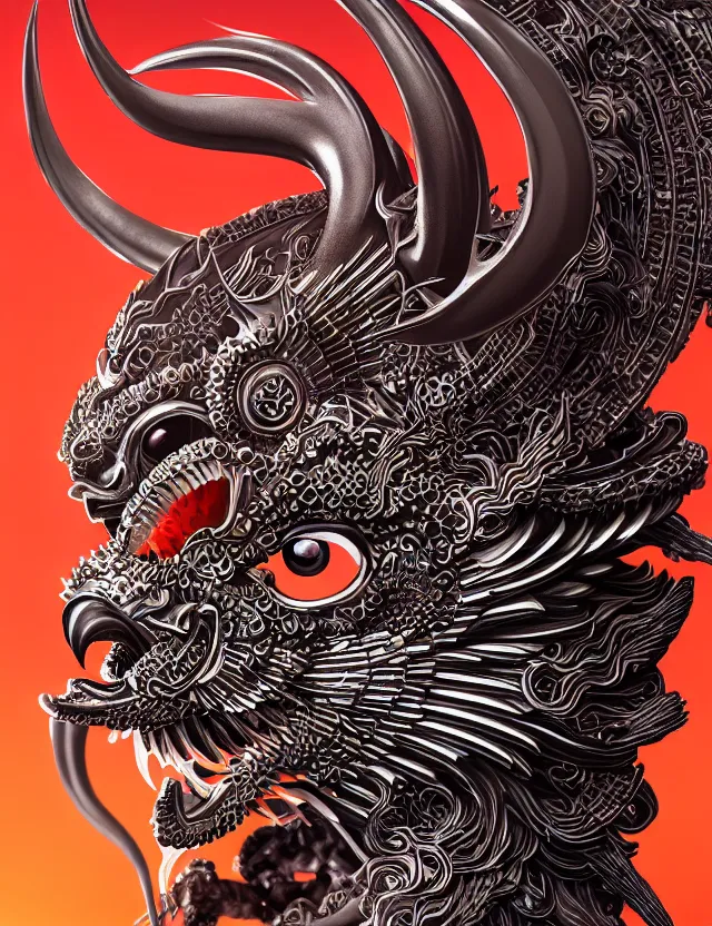 Image similar to 3 d goddess close - up profile satan biohazard portrait with crown, ram skull. beautiful intricately detailed japanese crow kitsune mask and clasical japanese kimono. betta fish, jellyfish phoenix, bio luminescent, plasma, ice, water, wind, creature, artwork by tooth wu and wlop and beeple and greg rutkowski