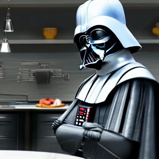 Image similar to A still of Darth Vader with a chef's hat, 4k, photograph, ultra realistic, highly detailed, professional lighting