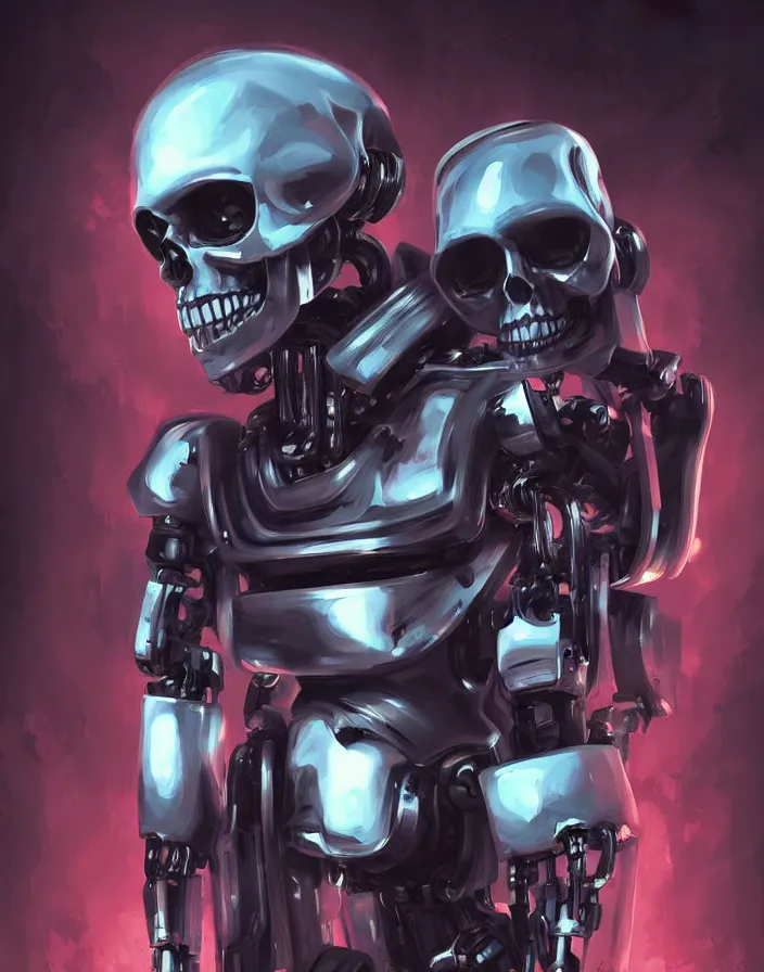 Image similar to skull - headed robot cyborg painting, illutstration, concept art, cyberpunk, futurism, comics art, artgerm, full body shot, wide angle