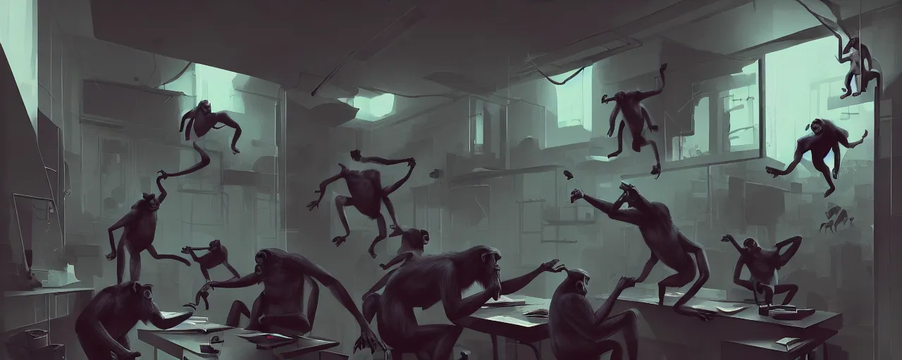 Prompt: duotone noir concept illustration of group wild and crazy chimps ruining inside of office rooms, octane render, concept hideo kojima surreal atmosphere, volumentric lighting. cosmic horror. accidental renaissance. by sachin teng and sergey kolesov and ruan jia and heng z. graffiti art, scifi, fantasy, hyper detailed. trending on artstation