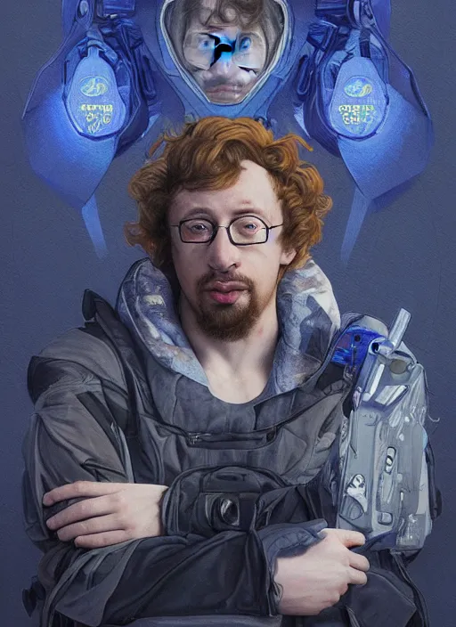 Prompt: portrait of Sam Hyde as a futuristic airforce, inside future fighter, sci-fi, fantasy, intricate, very very alpha and sigma, elegant, human anatomy, royal blue light, highly detailed, digital painting, artstation, concept art, smooth, sharp focus, illustration, art by tian zi and WLOP and alphonse mucha