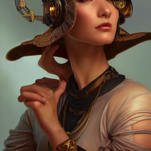 Image similar to Three quarters old portrait of a stunning female steampunk, highly detailed, digital painting, art by Stanley Lau and Artgerm and magali villeneuve and Alphonse Mucha, artstation, octane render, cgsociety