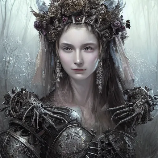 Image similar to A masterpiece ultrarealistic ultradetailed portrait of a Incredibly beautiful angel druid armored princess knight-ghost with Skull Iron mask. baroque renaissance girl in the night forest. medium shot, intricate, elegant, highly detailed. trending on artstation, digital art, by Stanley Artgerm Lau, WLOP, Rossdraws, James Jean, Andrei Riabovitchev, Marc Simonetti, Yoshitaka Amano. background by James Jean and Gustav Klimt, light by Julie Bell, 4k, porcelain skin.