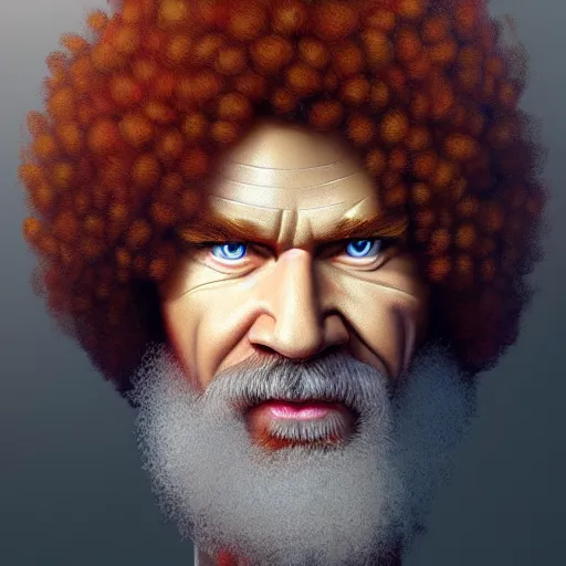 Image similar to Portrait of an evil looking Bob Ross, hairs of red flames, fantasy, D&D, intricate, highly detailed, digital painting, trending on artstation, sharp focus, illustration, style of Stanley Artgerm