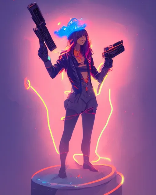 Image similar to A sorcerer wielding two Glock pistols, bust shot, smooth, intricate, elegant, power aura, neon glowing spells, digital painting, artstation, concept art, high tech fantasy, sharp focus, illustration, art by James Jean