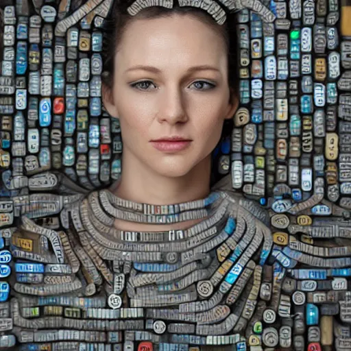 Prompt: a photo portrait of female android created from empty beer bottles and cardboard boxes. symmetry, awesome exposition, scifi, very detailed, highly accurate, professional lighting diffracted lightrays, 8 k, sense of awe