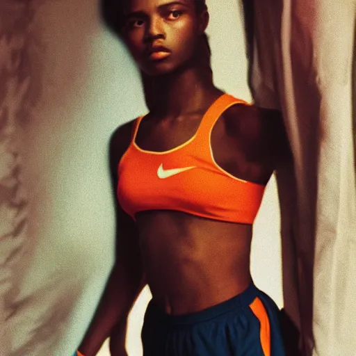 Prompt: realistic photoshoot for a new nike lookbook, color film photography, portrait of a beautiful woman in style of tyler Mitchell, 35mm, collage, graflex