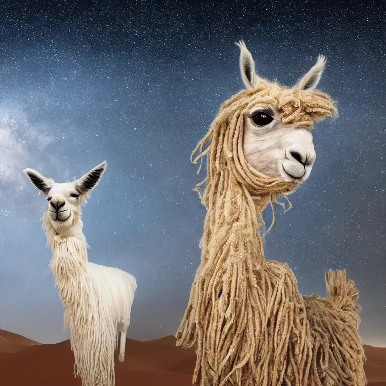 Prompt: highly detailed portrait photo of a llama with dreadlocks in a scenic desert with starfall in the night sky, hyperrealistic Illustration