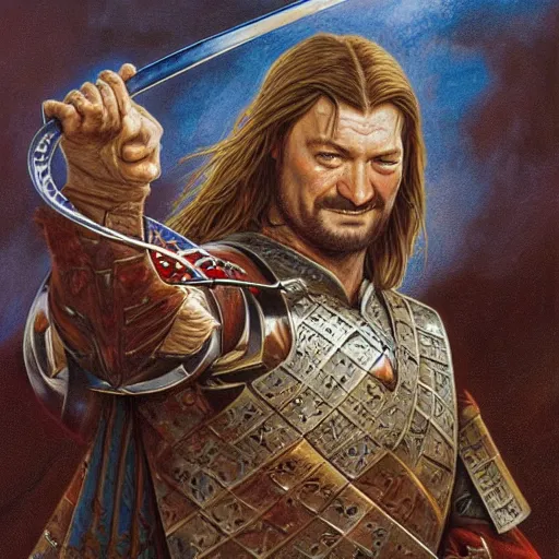 Image similar to noble warrior Boromir with his horn of Gondor by Mark Brooks, Donato Giancola, Victor Nizovtsev, Scarlett Hooft, Graafland, Chris Moore