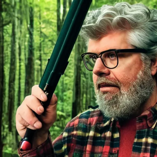 Prompt: cinematic still of 25 year old white man :: glasses : : brown beard : : dressed red plaid shirt : : holding a lightsaber : : forest background : : directed by George Lucas