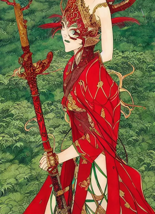 Image similar to beautiful elven queen in red green gold dress, detailed portrait, wearing kimono armor, sword, by conrad roset, takato yomamoto, jesper ejsing, beautiful