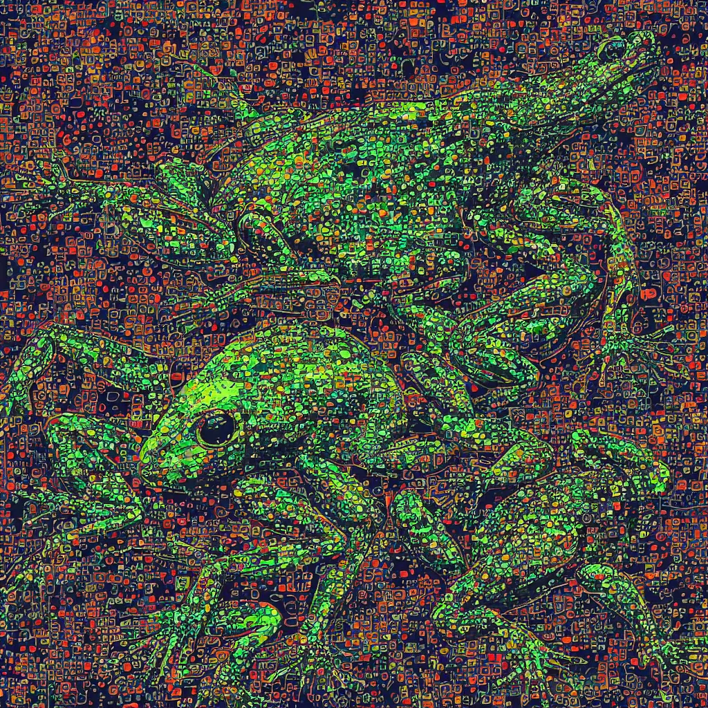 Prompt: toad head, toads, mechanical, technical, abstract, lcd, graphical, circuit board, computers, vektroid album cover, vectors, drips, dimensions, breakcore, leaks, glitches, frogs, amphibians, geometry, data, datamosh, motherboard, code, y 2 k, painting, dark, old web, cyber