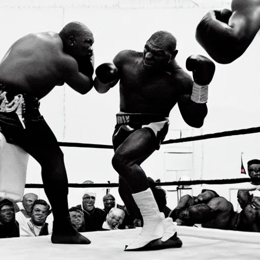 Image similar to mike tyson fighting a gorilla in a boxing ring