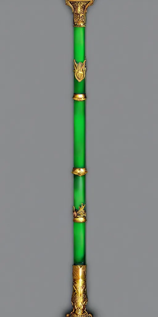 Image similar to photograph of a wide green and teal crystal sword with a big gold sword hilt