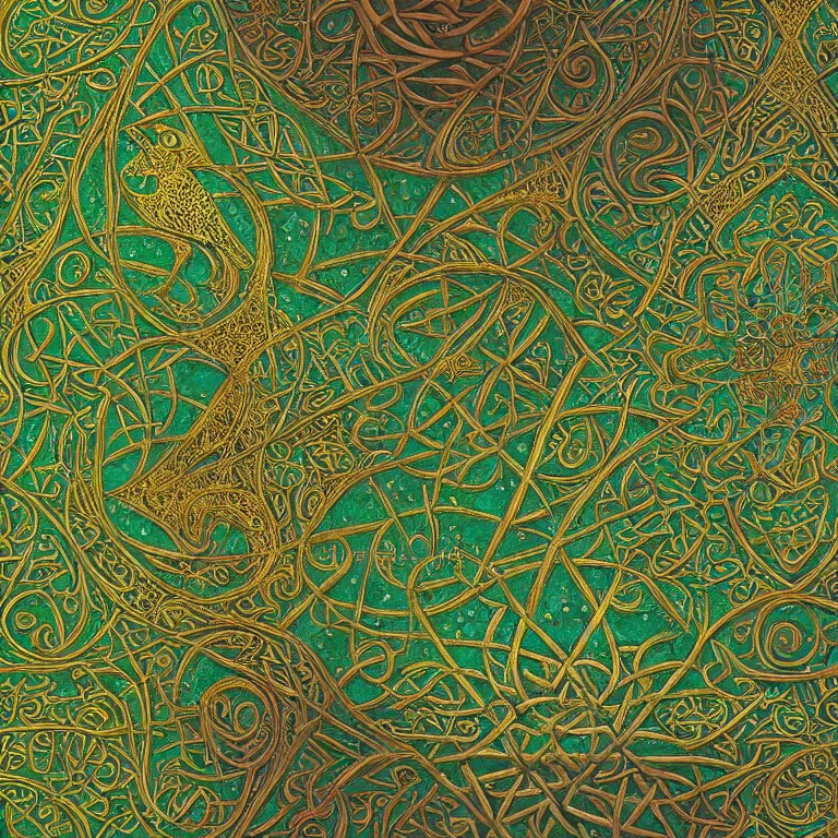 Prompt: medieval celtic arabic ornament with mystic birds and flowers, highly detailed, photorealistic, octan render, 3 d, green and gold, fractal, mandelbrot,