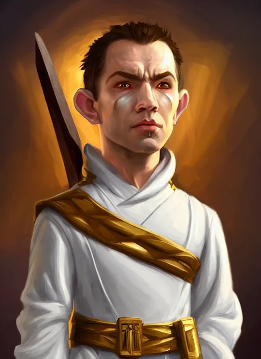 Prompt: symmetry!! oil painting digital art dungeons & dragons facial portrait of a halfling male cleric, with a ponytail, white robe with gold accents, white and brown robe with gold accents, necklace of a footprint, elegant, highly detailed, digital painting, artstation, concept art, sharp focus, illustration