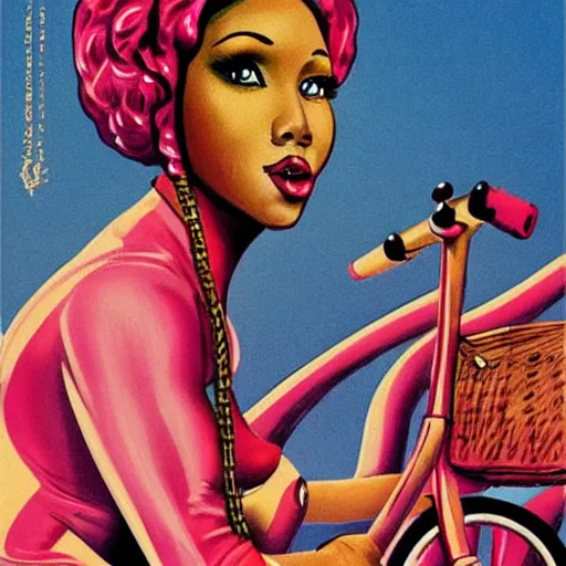 Prompt: portrait of nicki minaj riding a bicycle in summer, soviet propaganda poster, colored, artgerm, highly detailed