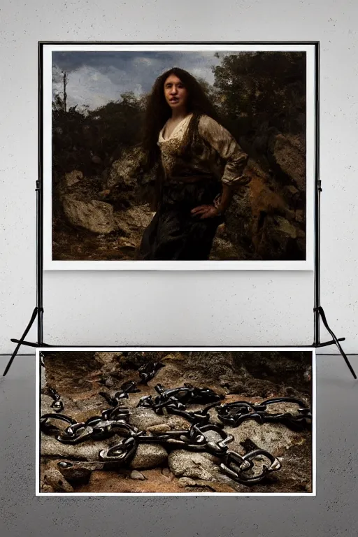 Image similar to chains an rocks and broken mirrors, 8 k, hdr, great light, gustave courbet, annie leibowitz