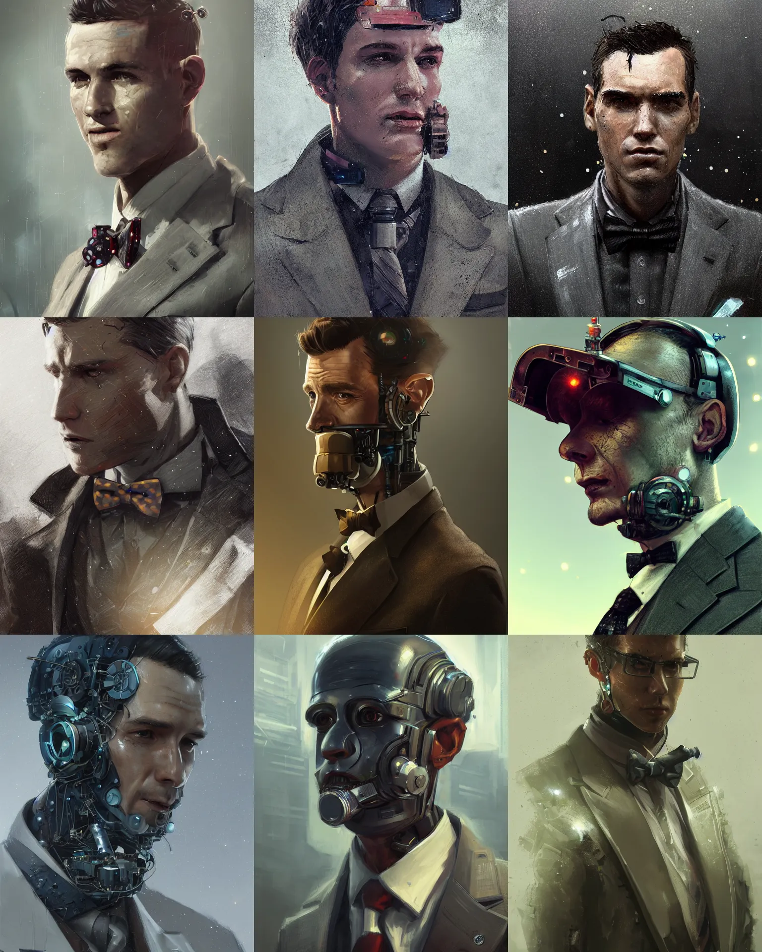 Prompt: a rugged young engineer man with cybernetic enhancements wearing a suit and bowtie, detailed face, scifi character portrait by greg rutkowski, esuthio, craig mullins, 1 / 2 headshot, cinematic lighting, dystopian scifi gear, gloomy, profile picture, mechanical, half robot, implants, steampunk