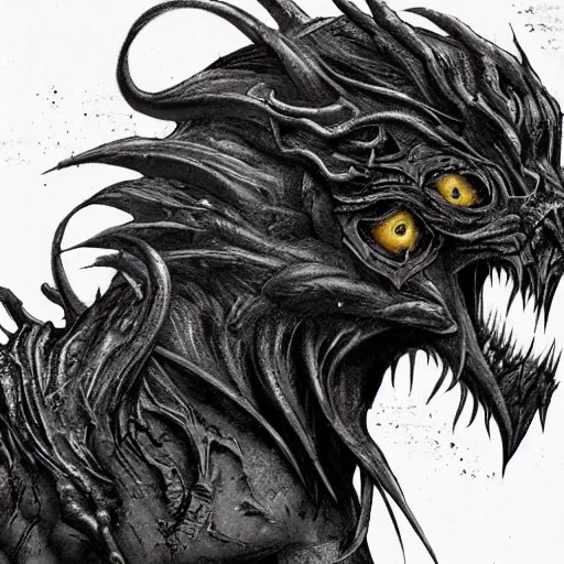 Image similar to fierce chimera monster, gothic art, subdued color, detailed, eerie, emotional, gothic, sad, agitated, highly detailed, incredibly sharp focus, Artstation, deviantart, artgem, insane detail, intense black line art, precision detail, golden ratio, in the style of Heavy Metal Comics