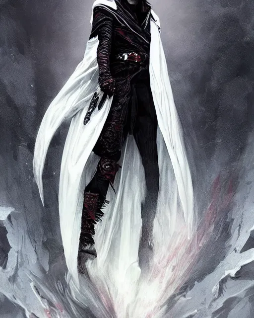 Prompt: '' Blood warlock with white hair, dark theme, white long hair, fangs, dark cape, dark eyes,background full of corpses drained of blood, high detail, 4k , digital painting, artstation, concept art, sharp focus, illustration, art by greg rutkowski and alphonse mucha ''