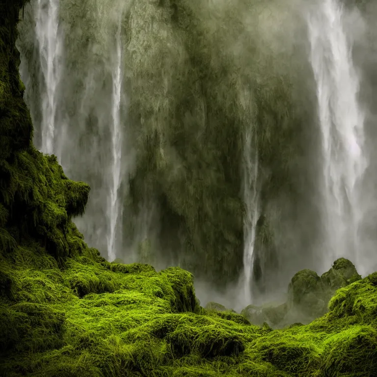 Prompt: dark and moody 1 9 8 0's artistic color spaghetti western film, a giant tall huge woman in an extremely long dress made out of waterfalls, standing inside a green mossy irish rocky scenic landscape, huge waterfall, volumetric lighting, backlit, atmospheric, fog, extremely windy, soft focus