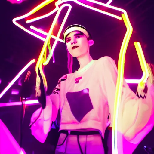 Image similar to grimes on stage dancing, volumetric neon lights in the background, gleaming, 3 5 mm photography, portrait!!!!!!, trending on artstation, 4 k, 8 k, zbrush, mannerism