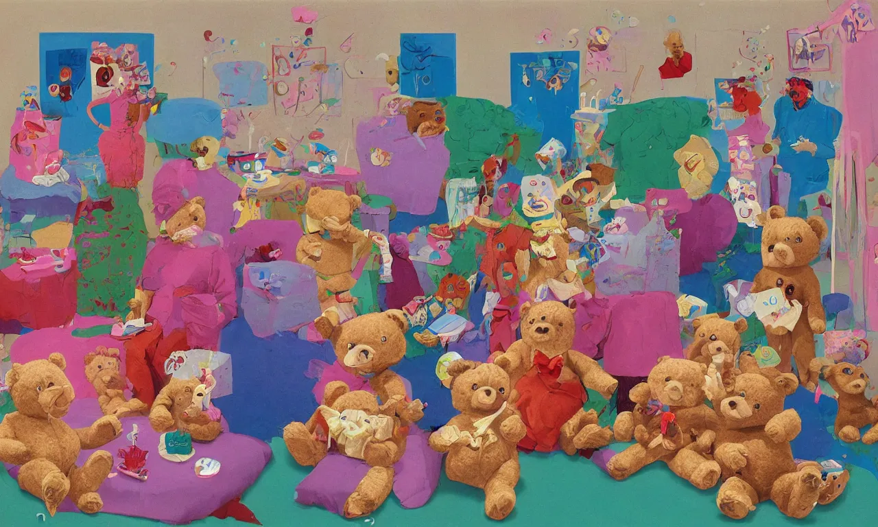 Image similar to a teddy bear birthday party, from the terrifying and incomprehensible beyond, body horror, by david hockney, technicolor