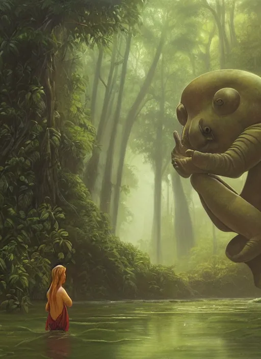 Prompt: a tardigrade meditating near a river in the amazon jungle, art by christophe vacher