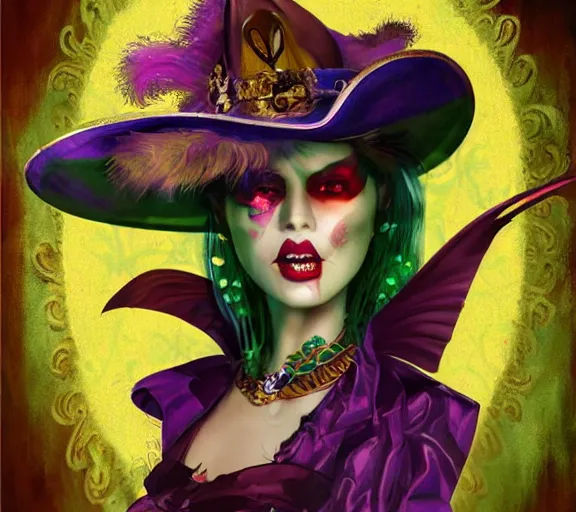 Prompt: beautiful female character inspired by new orleans mardi gras and dada vampire bounty hunter | | digital artwork made by greg rutswork, anna dittmann and lois van barlee, symmetrical rim light, anatomically correct