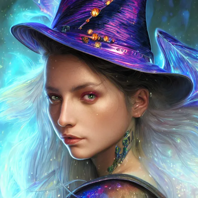 Prompt: detailed portrait of beautiful witch made of iridescent plasma, dark fantasy, sharp focus, vibrant, vivid, glowing magical shiny skin, symmetry, highly detailed, 4 k digital painting, detailed skin, iridescence reflecting, crystal particles, magical, raytracing, plasma, artistic, concept art by artgerm, greg rutkowski, alphonse mucha, unreal engine render,