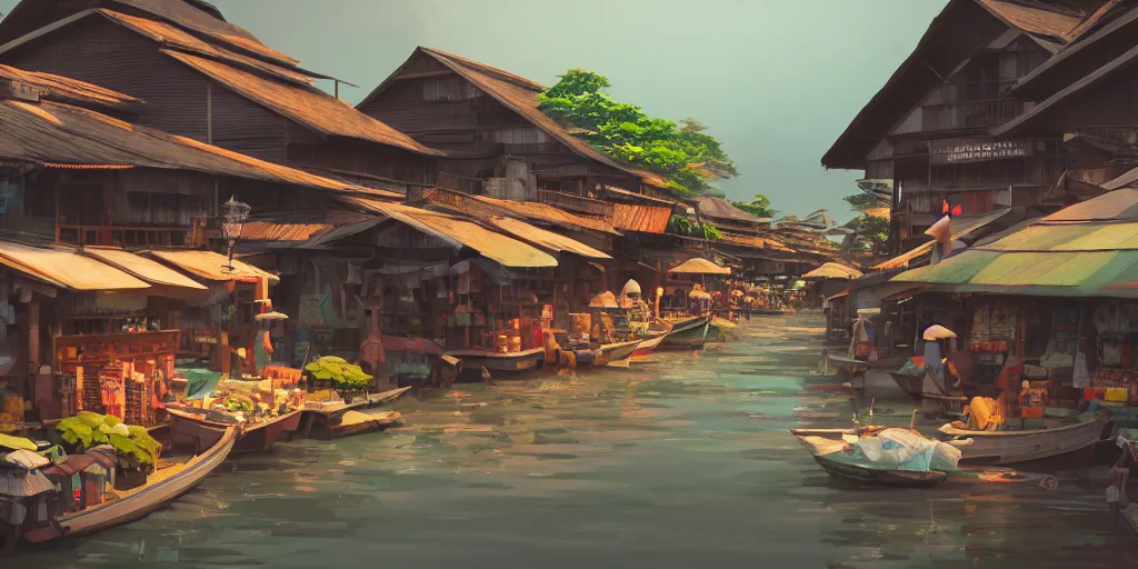 Prompt: shops at pulau indah fishing village, early morning, detailed matte painting, low angle view, telephoto lens, bokeh, studio ghibli, artstation