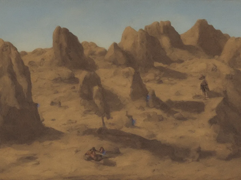 Prompt: scene with figure in the desert. painting by ernst steiner