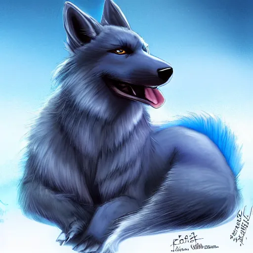 Image similar to an anthro furry fursona hybrid of a blue german shepherd and a blue fox, with blue fur and blue eyes, award winning digital art, trending on furaffinity, artstation, pixiv